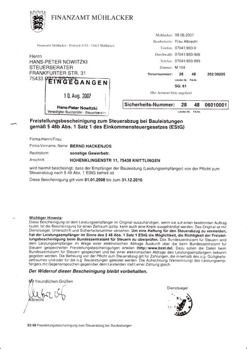 Freistellungsbescheinigugn